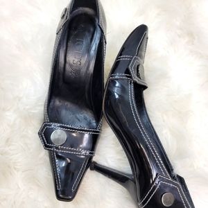 TOD'S HEELS PUMPS BLACK PATENT LEATHER POINTED TOE CAREER HEELS 8